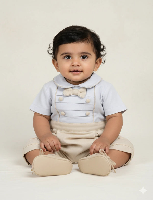 TYLER CONTRAST ONESIE WITH PIN-TUCKS AND BOW