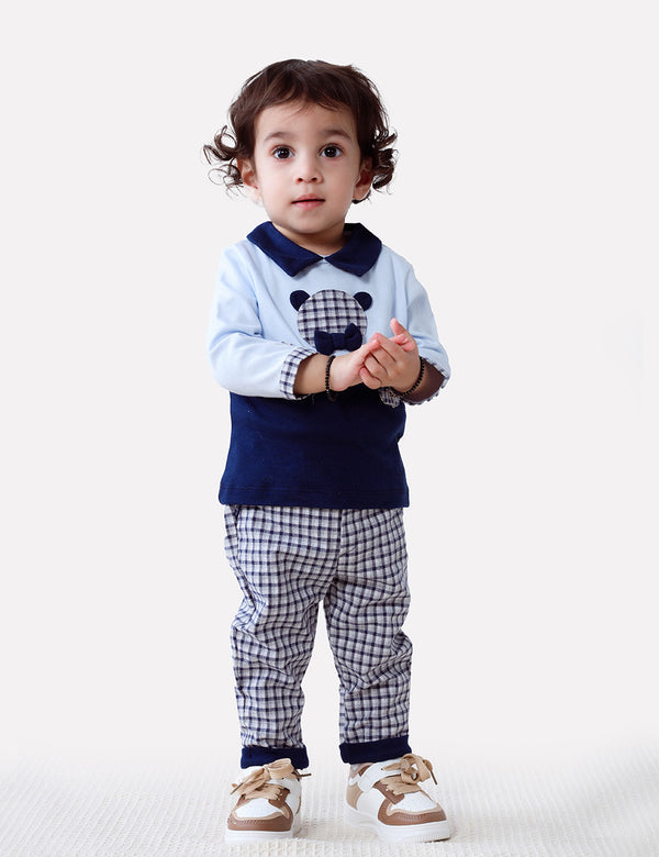 KAI 2-PIECE SET WITH CHECKED PANTS AND TEDDY APPLIQUE