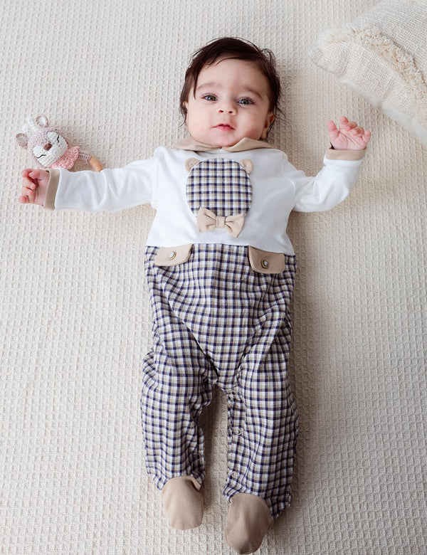 LUCA CHECKED ONESIE WITH TEDDY APPLIQUE