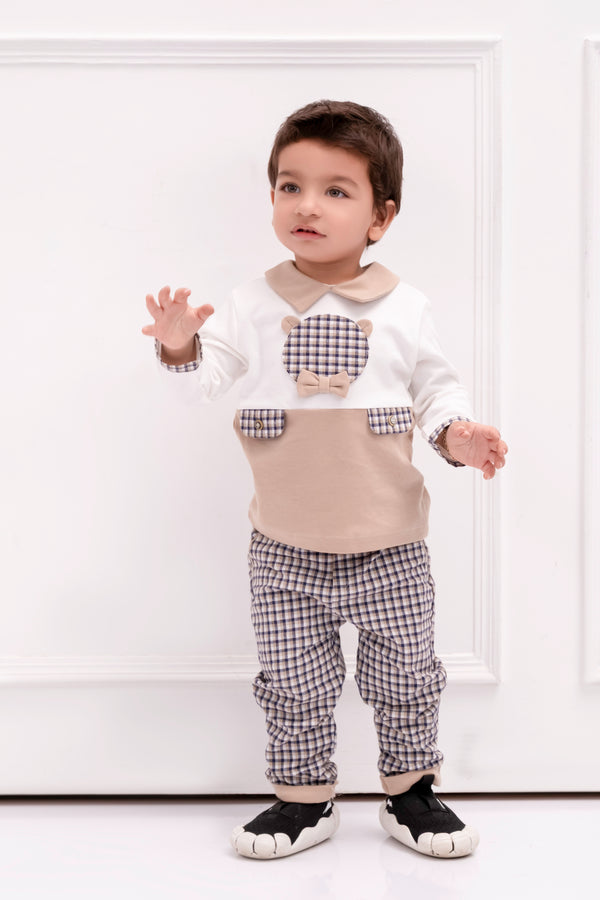 LEO 2-PIECE SET WITH CHECKED PANTS AND TEDDY APPLIQUE